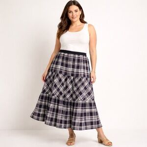 Persona by Marina Rinaldi Linen Plaid Midi Skirt US 16 NWOT Navy Oxblood